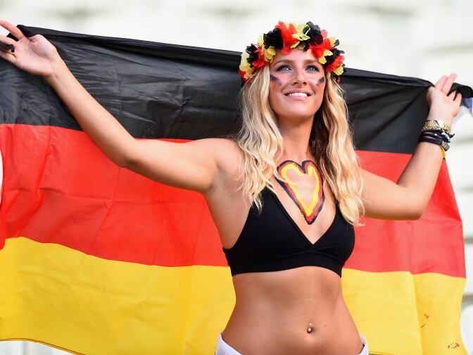 A Germany fan poses during the 2014 FIFA World Cup Brazil Group G match between Germany and Ghana at Castelao on June 21, 2014 in Fortaleza, Brazil. 