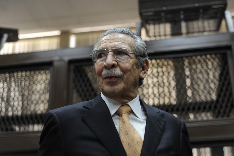 Former Guatemalan de facto President (1982-1983) and retired General Jose Efrain Rios Montt sits during a court hearing in Guatemala City on January 31, 2013. A Guatemalan judge started the hearing to receive evidence for the open trial to Rios Montt on charges of genocide committed in indigenous populations during his de facto regime between 1982 and 1983.