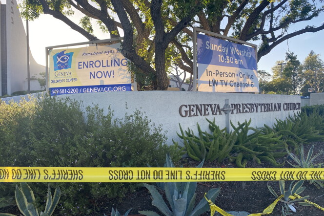 Yellow caution tape reads: "Sheriff's line do not cross." In the background is a low wall with the words Geneva Presbyterian Church and signs displaying info about services.