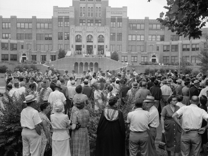 Only White students entered Central High School at Little Rock, Ark., on Sept. 5, 1957.   The school is under integration orders from U.S. District Judge Ronald N. Davies.  The day before nine Black students were refused admittance to the school by Arkansas National Guardsmen.   The military men were ordered by Governor Orval Faubus to surround the school and prevent Black students  from entering the grounds. (AP Photo/William P Straeter)