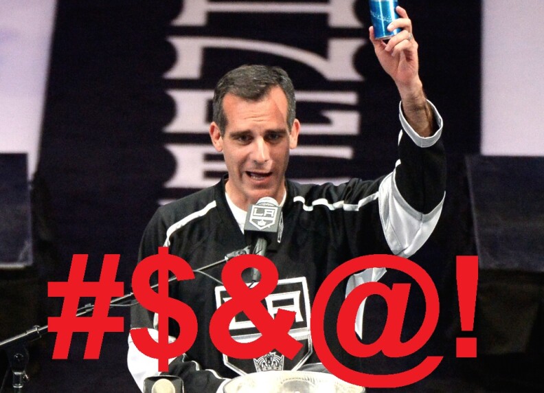 Raising a beer to toast the team, LA Mayor Eric Garcetti used the F-bomb at the LA Kings victory rally