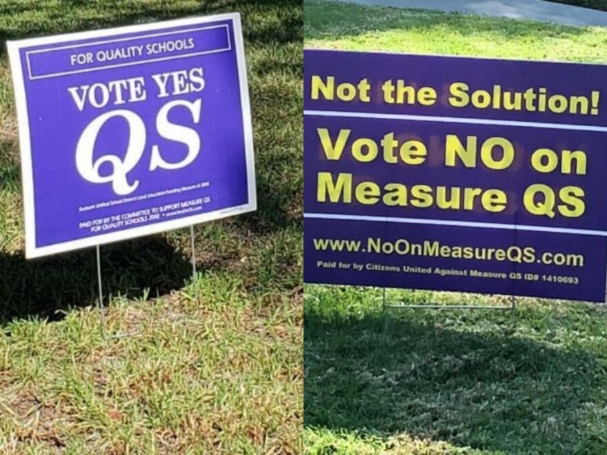 Purple signs are popping up around Burbank advocating for, and against, Measure QS. If passed, the measure would create a parcel tax. The funds would go to the school district.