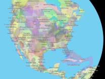 A screenshot of a portion of the interactive map from Native Land Digital shows which Native territories have inhabited different regions of the Americas, based on a variety of historical and Indigenous sources.