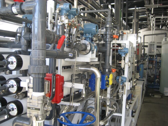 The West Basin Municipal Water District desalination plant into Redondo Beach is an old electrical pump house filled with filters and pipes for desalination.