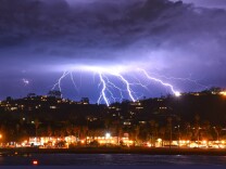 A time exposure photo of the lightning storm provided by the Santa Barbara County Fire Department  (Mike Eliason/Santa Barbara County Fire Department via AP)