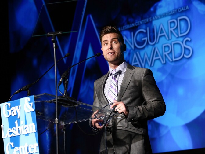 LOS ANGELES, CA - NOVEMBER 09:  Singer Lance Bass speaks onstage at the L.A. Gay & Lesbian Center's  42nd Anniversary Vanguard Awards Gala  at Westin Bonaventure Hotel on November 9, 2013 in Los Angeles, California.  (Photo by Imeh Akpanudosen/Getty Images)