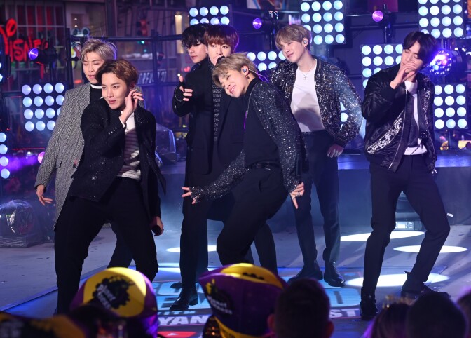 NEW YORK, NEW YORK - DECEMBER 31: BTS performs during Dick Clark's New Year's Rockin' Eve With Ryan Seacrest 2020 on December 31, 2019 in New York City. (Photo by Noam Galai/Getty Images)
