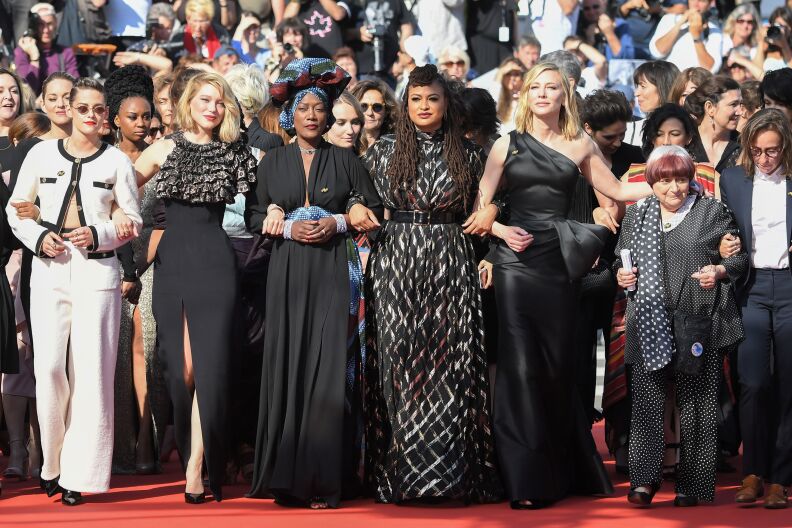 US actress and member of the Feature Film Jury Kristen Stewart, French actress and member of the Feature Film Jury Lea Seydoux, Burundian singer and member of the Feature Film Jury Khadja Nin, US director and screenwriter and member of the Feature Film Jury Ava DuVernay, Australian actress and President of the Jury Cate Blanchett, French director Agnes Varda and French director Celine Sciamma walk the red carpet in protest of the lack of female filmmakers honored throughout the history of the festival at the screening of "Girls Of The Sun (Les Filles Du Soleil)" during the 71st annual Cannes Film Festival at the Palais des Festivals on May 12, 2018 in Cannes, southeastern France. - Only 82 films in competition in the official selection have been directed by women since the inception of the Cannes Film Festival whereas 1,645 films in the past 71 years have been directed by men. 