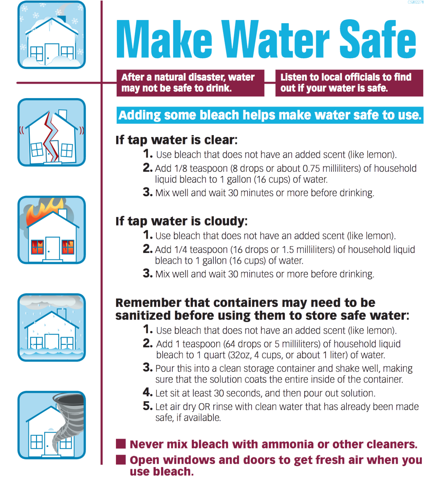 An image of a water purification chart that explains how to use bleach if the water is clear or cloudy.