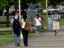 Students near the Bourns College of Engineering building at the University of California, Riverside