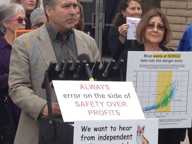 Ray Lutz,with Citizens Oversight, has filed a formal objection to a proposed deal on San Onofre nuclear plant costs that would make ratepayers responsible for $3.3 billion. 
(Photo: Lutz at a news conference on March 25, prior to the first meeting of the Southern California Edison Citizens Engagement Panel to discuss the decommissioning of the San Onofre nuclear power plant.)