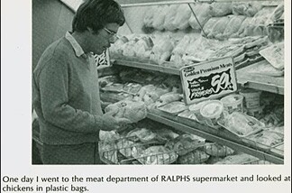 A page from Jeffrey Vallance's book about "Blinky, the Friendly Hen." Blinky was a roaster he bought at Ralph's and turned into an underground art sensation.