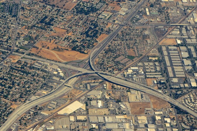 Riverside Freeway and Moreno Valley Freeway in Riverside, Calif.