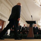 WASHINGTON, DC - JANUARY 10:  U.S. President Donald Trump walks up to speak to the media with Prime Minister Erna Solberg of Norway in the East Room at the White House, on January 10, 2018 in Washington, DC. The two leaders participated in a meeting before taking questions from the media.  (Photo by Mark Wilson/Getty Images)