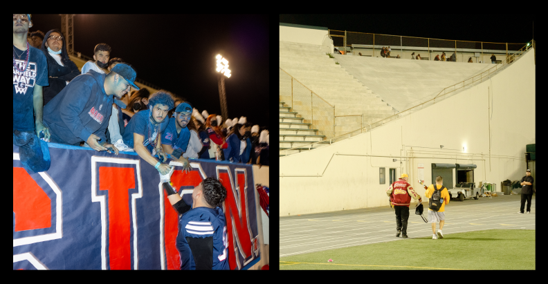Two photographs side-by-side. In the photo on the left a football player reaches up to shake hands with a group of men in the stands. They are all dressed in blue. In the photo on the right, two men walk away from the camera in the distance. One carries a trophy. They are in what looks like an empty stadium with bleachers.