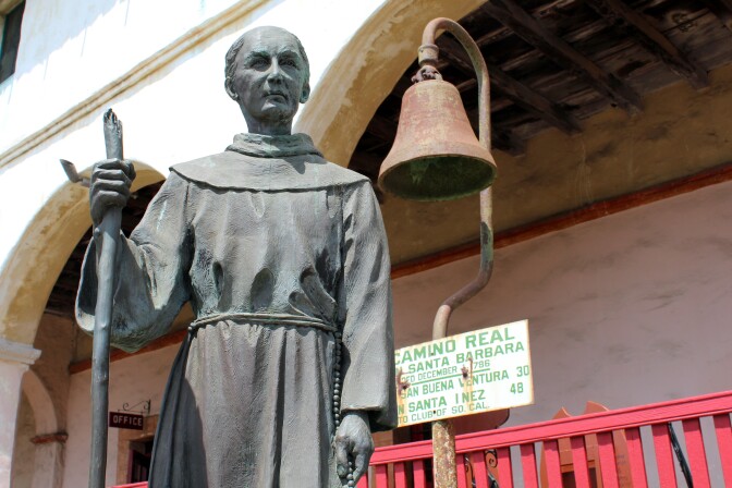 A statue at Old Mission Santa Barbara depicts Franciscan missionary Junípero Serra. On Thursday, January 15, 2014, Pope Francis announced that Serra would be canonized — making him the newest Catholic saint.