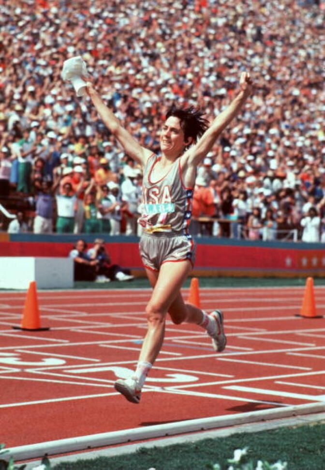 Joan Benoit wins the first women''s Olympic marathon during the 1984 Olympics at the Coliseum.
