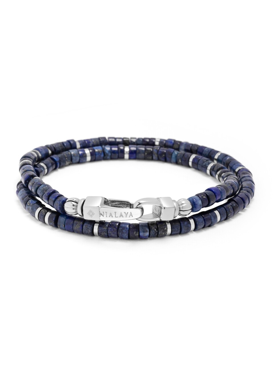 A bracelet of semi-precious stones with a stainless steel clasp.