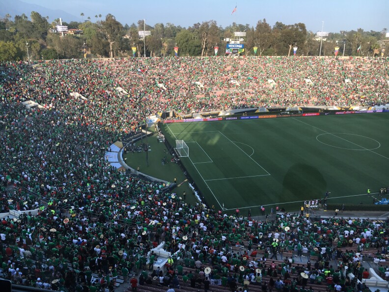 Fans packed the Rose Bowl just before kickoff Thursday evening as teams played the last game in Pasadena of the Copa América soccer tournament.