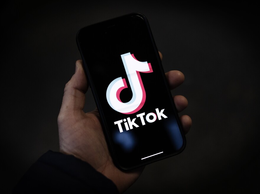 A phone bearing the TikTok logo is being held in a person's left hand.