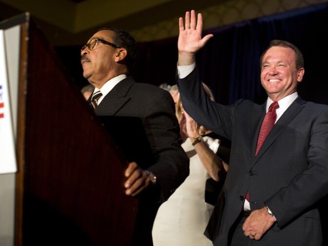 Los Angeles County Sheriff candidate Jim McDonnell prepares to speak to supporters during his election party on Tuesday night, Nov. 4, 2014 at the JW Marriott at LA Live.