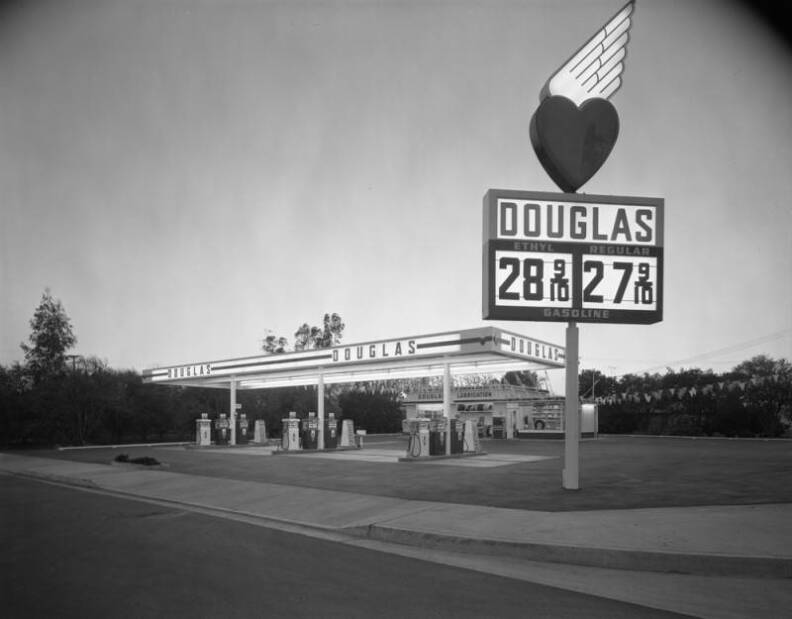 A sign advertises gas that costs 28 to 29 cents per gallon.
