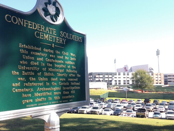 A state historical sign marks the Confederate Soldiers Cemetery on the University of Mississippi campus in Oxford, Miss.