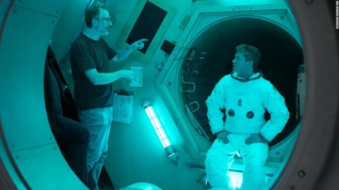 Director James Gray with Brad Pitt on the set of "Ad Astra."