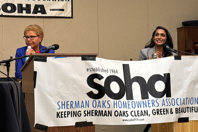 Karen Bass and Nithya Raman at the August 19, 2026 Sherman Oaks mayoral debate