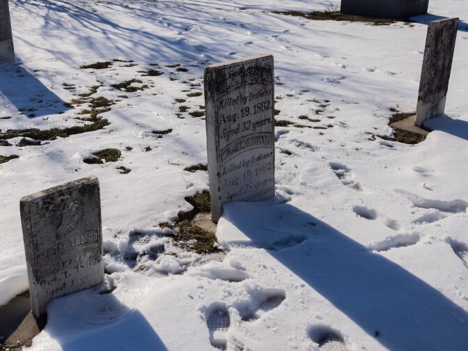 Numerous gravestones from the 1800s within the New Ulm City Cemetery read "Killed by Indians."
