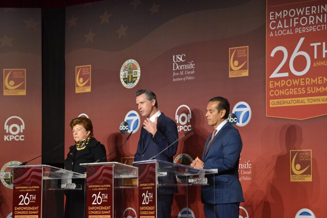 From left, gubernatorial candidates Delaine Eastin, Gavini Newsom and Antonio Villagaigosa on stage at the 26th Annual Empowerment Congress Summit at |USC on Jan. 13, 2018.
