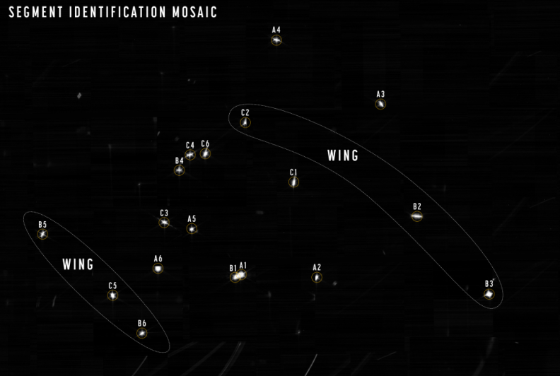 This mosaic shows images of the same star. Each is labeled with the name of the mirror segment that captured it. The "wings" are the two sides of the mirror assembly that unfolded in space.