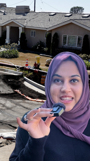 Yusra Farzan holds a microphone while speaking, overlaid on a photo of landslide damage to a street and home in Rancho Palos Verdes. 