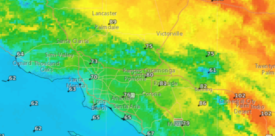 A geothermal map of SoCal in shades of orange, yellow, green and blue with white numbers over different cities.
