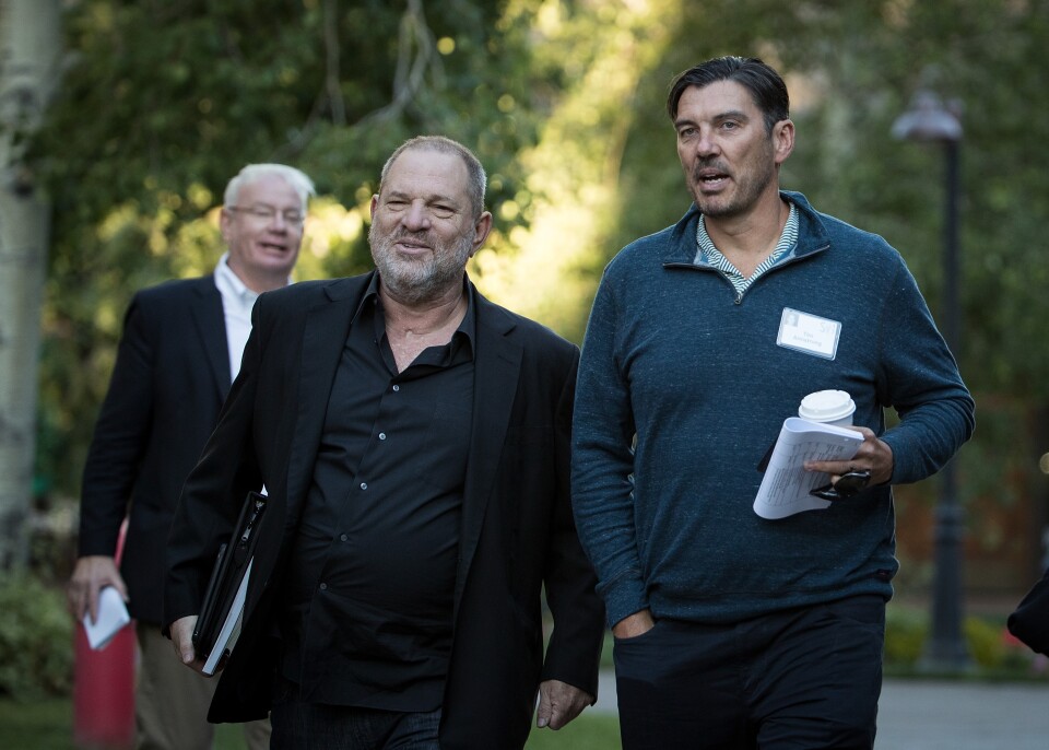 SUN VALLEY, ID - JULY 12: (L to R) Harvey Weinstein, co-chairman and co-founder of Weinstein Co., and Tim Armstrong, chief executive officer of AOL Inc., attend the second day of the annual Allen & Company Sun Valley Conference, July 12, 2017 in Sun Valley, Idaho. Every July, some of the world's most wealthy and powerful businesspeople from the media, finance, technology and political spheres converge at the Sun Valley Resort for the exclusive weeklong conference. (Photo by Drew Angerer/Getty Images)