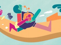 A multicolored abstract illustration of a pregnant person running, with their hands on their belly. Objects are floating around like a book, bottle, calendar, and stethoscope as they run down a path with trees in the background.