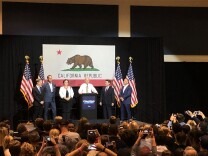 Former Vice President Joe Biden is flanked by CA congressional candidates at a democratic rally in Fullerton.