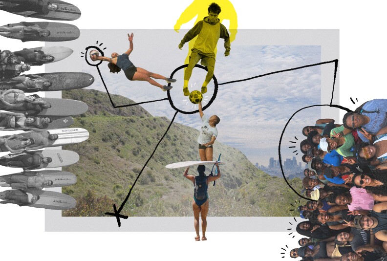 A photo collage of various sports clubs in Los Angeles. On the bottom right corner there is a group of Black and Brown people huddled together for a group photo, a black circle is drawn around half of the photo with a line leading to the center of the image which includes isolated images of a highlighted soccer player dribbling a ball, a volleyball plater jumping up to hit that same ball from below the soccer player, and a the back of a surfer holding a surfboard on her head. To the left of the soccer player and the volleyball player there's another volleyball player jumping out to hit a ball with her hand. On the far left of the frame there's a black and white photo of a group of diverse surfers standing in front of their surfboards. The background of the illustration is a photo of a green hillside with the downtown LA skyline in the background.