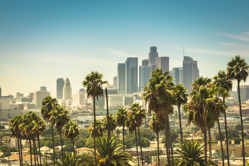 A row of palm trees are in the foreground with the Los Angeles skyline of skyscrapers behind at a distance.