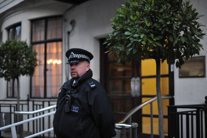 A police officer stands outside the King Edward VII hospital in central London on December 7, 2012 after nurse Jacintha Saldanha was found dead at a property close by. A nurse at the hospital which treated Prince William's pregnant wife Catherine, Duchess of Cambridge, was found dead on December 7, days after being duped by a hoax call from an Australian radio station, the hospital said. Police said they were treating the death, which happened at a property near the hospital, as unexplained. 