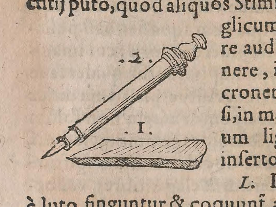 The first drawing of a pencil, found in Conrad Gessner's 1565 book on fossils.