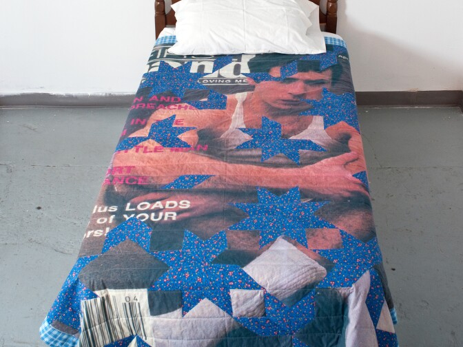 Aaron McIntosh, Little Big Man, 2011, digitally printed cotton, vintage cotton appliqué, cotton batting, embroidery floss, thread. Courtesy of the artist. 