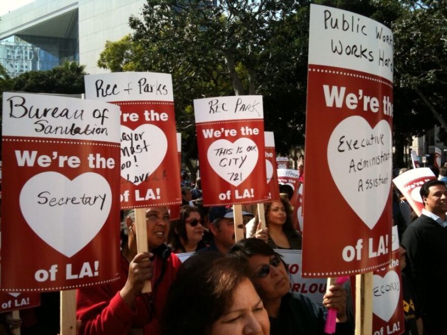 Los Angeles city workers protest against more furlough days outside City Hall. They demonstrated on Valentine's Day.