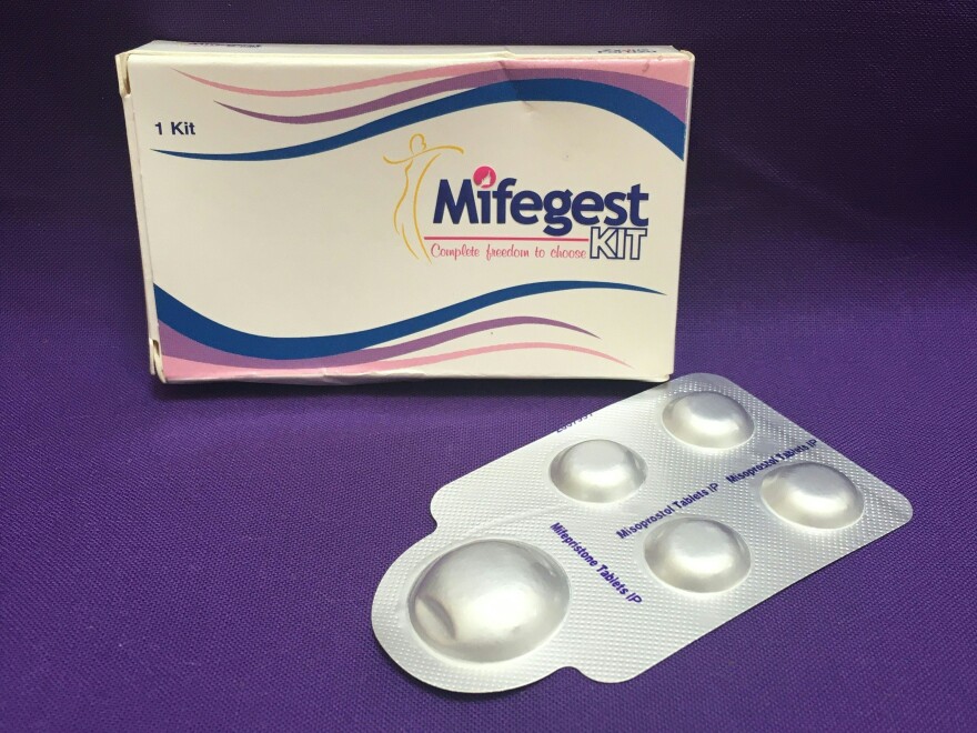A combination pack of mifepristone (L) and misoprostol tablets, two medicines used together in medicated abortions.