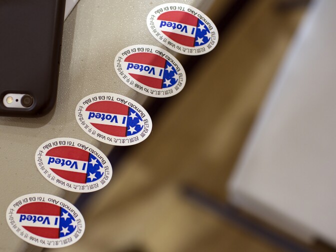 Stickers are lined up for voters at a polling place inside Barrio Action Youth & Family Center in El Sereno on Tuesday afternoon, June 7, 2016 during the California primary election.