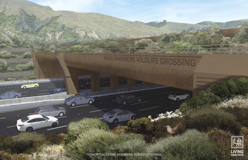 A rendering of the wildlife crossing, showing cars on the 101 freeway, and the brown concrete bridge, with Wallis Annenberg Wildlife Crossing carved on the side.