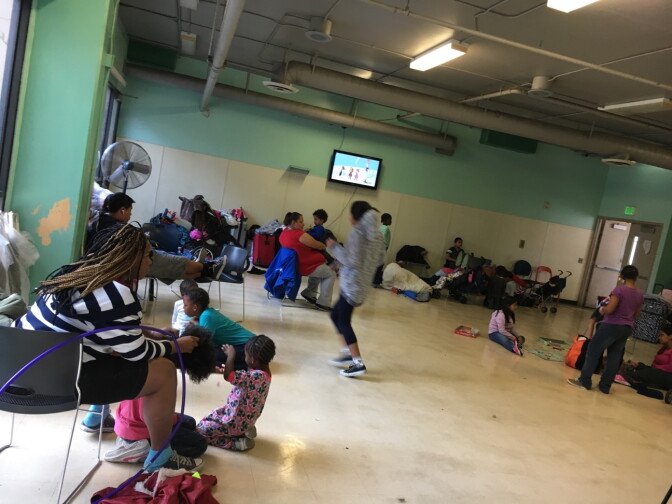 A dayroom at the Union Rescue Mission in downtown L.A. houses families where children can play. But at night, cots and inflatable mattresses are brought into the room to use as a make-shift sleeping area.