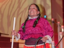 In this Feb. 21, 2013 photo, Maria Elena Velasco, better known as "La India Maria," performs her most famous role which exaggerated stereotypes about Mexico's indigenous people, in a debut presentation of a soap opera in Mexico City. The Mexican film institute announced through its Twitter account that Velasco, also a screenwriter and director, died Friday May 1, 2015, but did not specify the cause.