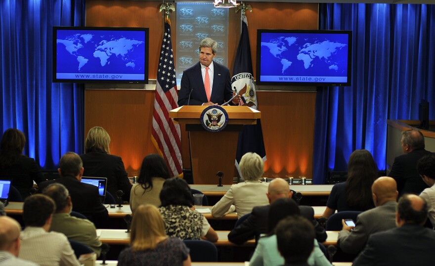 US Secretary of State John Kerry speaks on Syria at the State Department in Washington, DC, on August 26, 2013. The United States said Tuesday that chemical weapons had been used against Syrian civilians and warned President Barack Obama would demand accountability for this 'moral obscenity.' Employing his strongest language yet, Kerry said Washington was still examining evidence, but left no doubt that Bashar al-Assad's regime would be blamed.