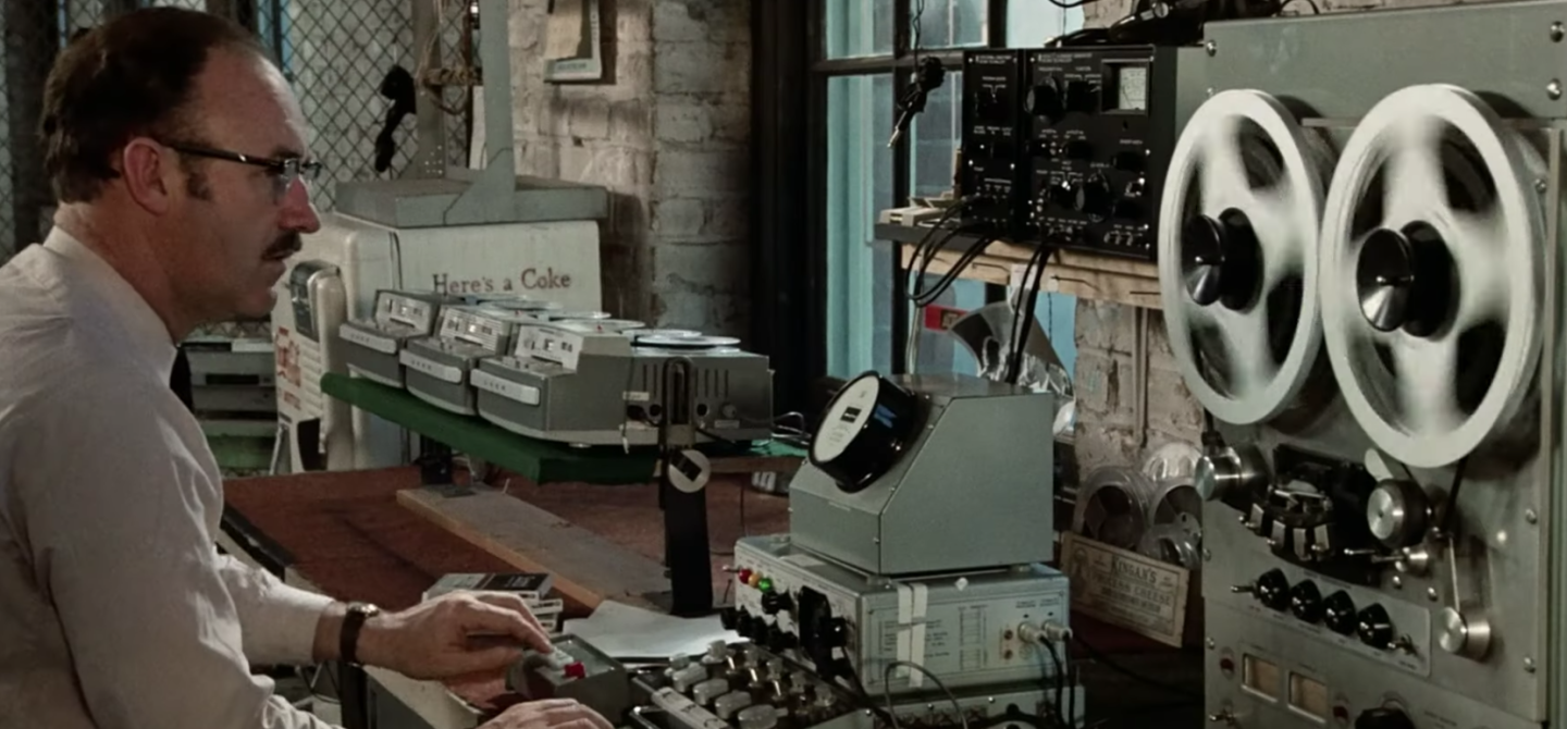 Francis Ford Coppola's "The Conversation" (1974), which starred Gene Hackman, was lauded for its sound editing by Walter Murch and Art Rochester.